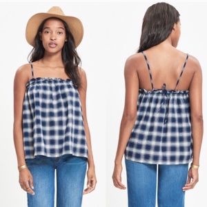 Madewell Indigo Plaid Tank Top Strappy Tie Size Medium Denim Blue Summer Spring